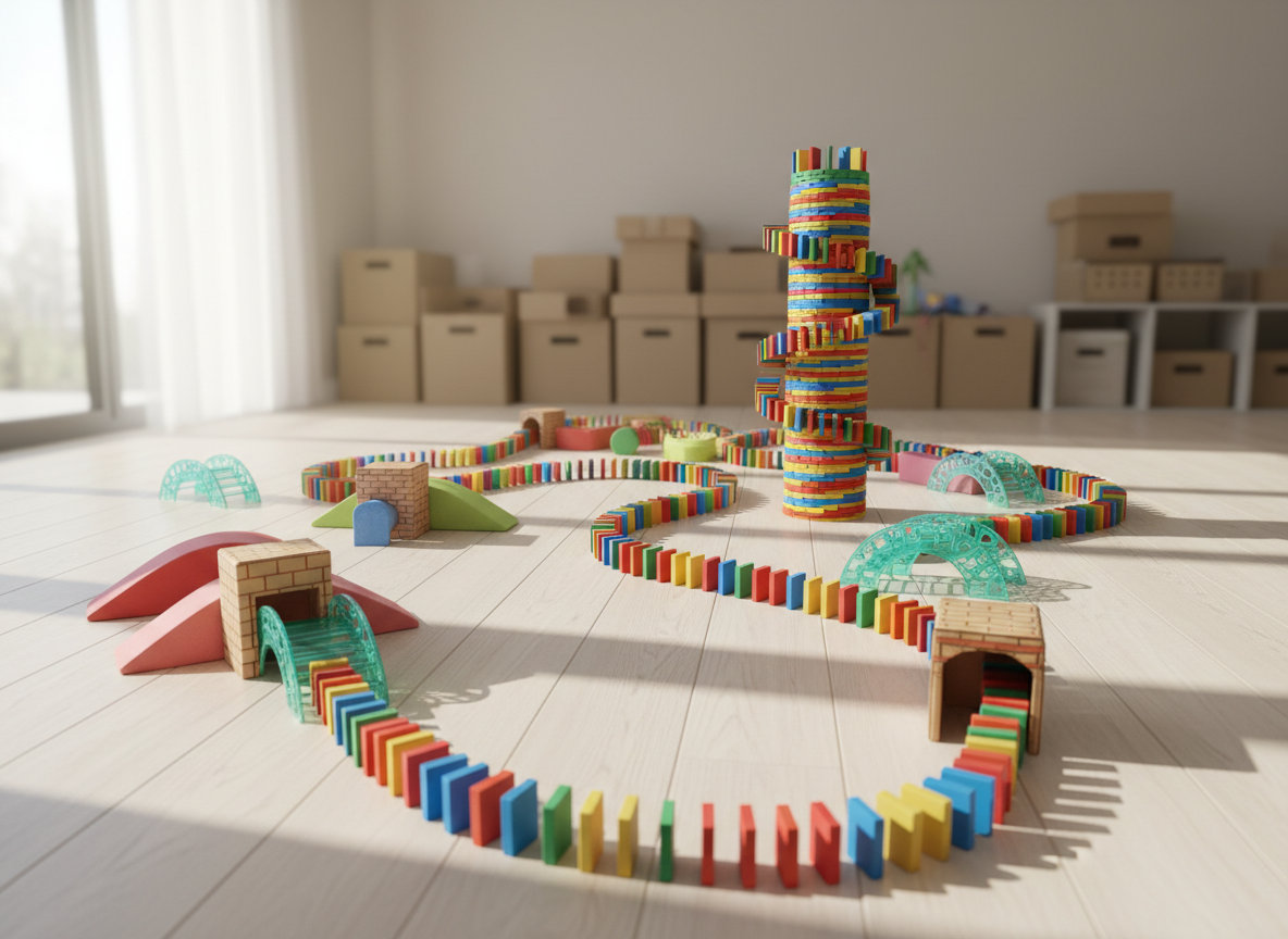 A playful domino “roller coaster” creation snakes across a pale wooden floor, featuring gentle ramps made from foam blocks, tiny cardboard tunnels, and small plastic bridges. Multicolored dominoes climb up and down the track, forming carefully spaced lines that twist around a central, circular tower built entirely from stacked tiles. Soft, diffused morning light streams in from the left, creating long, gentle shadows that accentuate the curves and height changes. The background fades into subtle blur, with hints of neatly stacked storage boxes along the wall. Shot in photographic realism from a low, three-quarter angle to emphasize depth and motion, the scene feels energetic and imaginative, capturing the joy of experimenting and building elaborate domino paths.