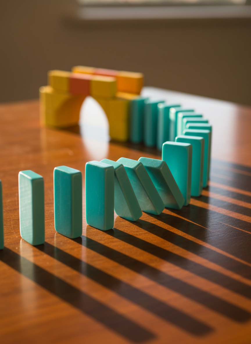 A dramatic photographic scene of a mid-topple domino chain reaction, captured in razor-sharp detail: a row of turquoise dominoes curves across a smooth tabletop, with several tiles frozen in mid-fall, just as they collide with their neighbors. In the background, slightly out of focus, a small bridge of orange and yellow dominoes is about to be triggered. Warm, directional side lighting from the right creates dynamic highlights and elongated shadows that emphasize motion and rhythm. Shot from a very low, almost ground-level angle with a fast shutter feel and shallow depth of field, the image conveys an energetic, playful atmosphere full of momentum and excitement.
