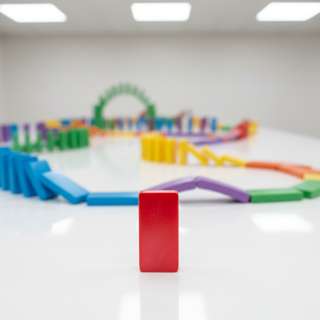 A close-up, photographic view of a single shimmering red domino standing at the front of a long, snaking line of multicolored tiles on a polished white tabletop. Behind it, intricate curves, zigzags, and tiny bridges made of dominoes stretch into a softly blurred distance, suggesting a complex chain reaction waiting to happen. Overhead LED lights provide even, bright illumination, creating crisp reflections on the glossy surfaces and tiny, dramatic shadows. The composition uses a low, eye-level angle focused on the first domino, with bokeh in the background. The mood is playful and suspenseful, as if frozen in the split second before the start of an exciting toppling sequence, rendered in clean, photographic realism.