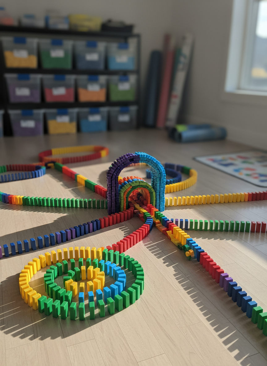 A vibrant, meticulously constructed domino city spreads across a smooth, light-wood floor, featuring multi-colored plastic dominoes arranged in winding paths, spirals, and towering bridges. In the center, a tall archway of gradient blues leads into a tunnel of rainbow tiles. Soft afternoon sunlight pours through an unseen window, casting gentle shadows and subtle reflections on the glossy domino surfaces. The background is softly blurred, hinting at shelves with neatly organized domino bins and building mats. Photographic realism, shot from a slightly elevated angle with a shallow depth of field, capturing the playful, anticipatory mood just before the first domino falls, emphasizing bright colors and a clean, modern feel.