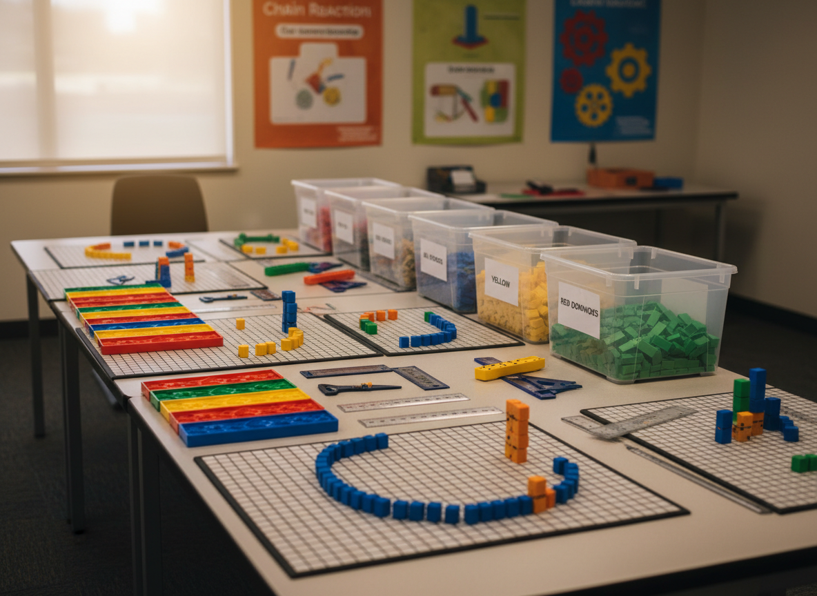 A long rectangular table in a cheerful community room is completely covered with color-sorted domino trays, measuring tools, grid mats, and partially built structures. Neatly labeled plastic bins hold bright primary-colored dominoes, some laid out in carefully measured rows, others forming small pyramids and spirals. The walls in the softly blurred background show playful posters of chain reactions and simple engineering diagrams. Warm overhead lighting and a hint of daylight from an off-frame window create a bright, inviting glow. Photographic realism, captured from a slightly elevated, wide-angle perspective with sharp focus throughout, conveying an organized yet creative workspace ready for kids to plan their next domino engineering challenge.