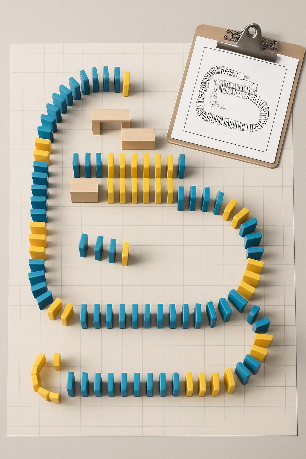 On a smooth, light-grey mat printed with a faint grid, an intricate domino engineering blueprint is realized in three dimensions: alternating rows of blue and yellow dominoes form symmetrical patterns, with carefully spaced gaps for jumps and tiny platform sections supported by wooden blocks. A clipboard in the corner holds a hand-drawn schematic diagram rendered in crisp black lines. Cool, even overhead lighting creates a neutral, focused atmosphere, with soft shadows that clarify the geometry of the build. Photographic realism, captured from a directly overhead bird’s-eye view, highlighting the precision, symmetry, and problem-solving nature of domino engineering, while maintaining a playful, colorful aesthetic suitable for kids.